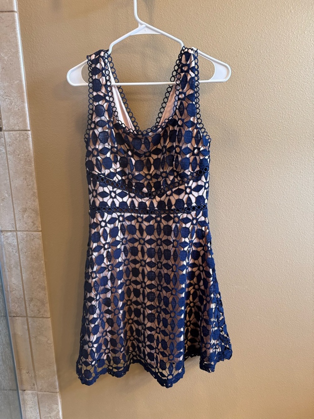 Mystic Navy Crochet Lace Mini Dress with Nude Lining
